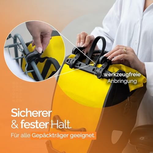 Werkzeugfreie Anbringung einer Halterung an einem gelben Gepäckträger.