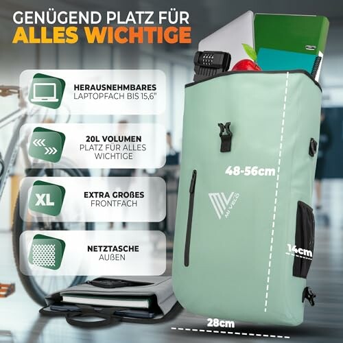 Wasserdichter Rucksack mit Laptopfach und extra Stauraum.
